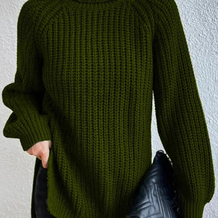 Women Winter Turtleneck Loose Sweater Elegant Drop Sleeve Side Split Pullover Vintage Harajuku Chic Jumpers Oversized knit Tops army green