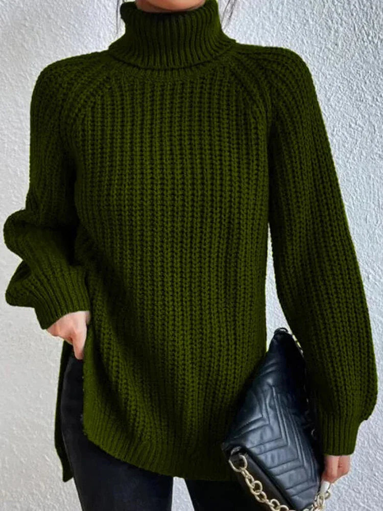 Women Winter Turtleneck Loose Sweater Elegant Drop Sleeve Side Split Pullover Vintage Harajuku Chic Jumpers Oversized knit Tops army green