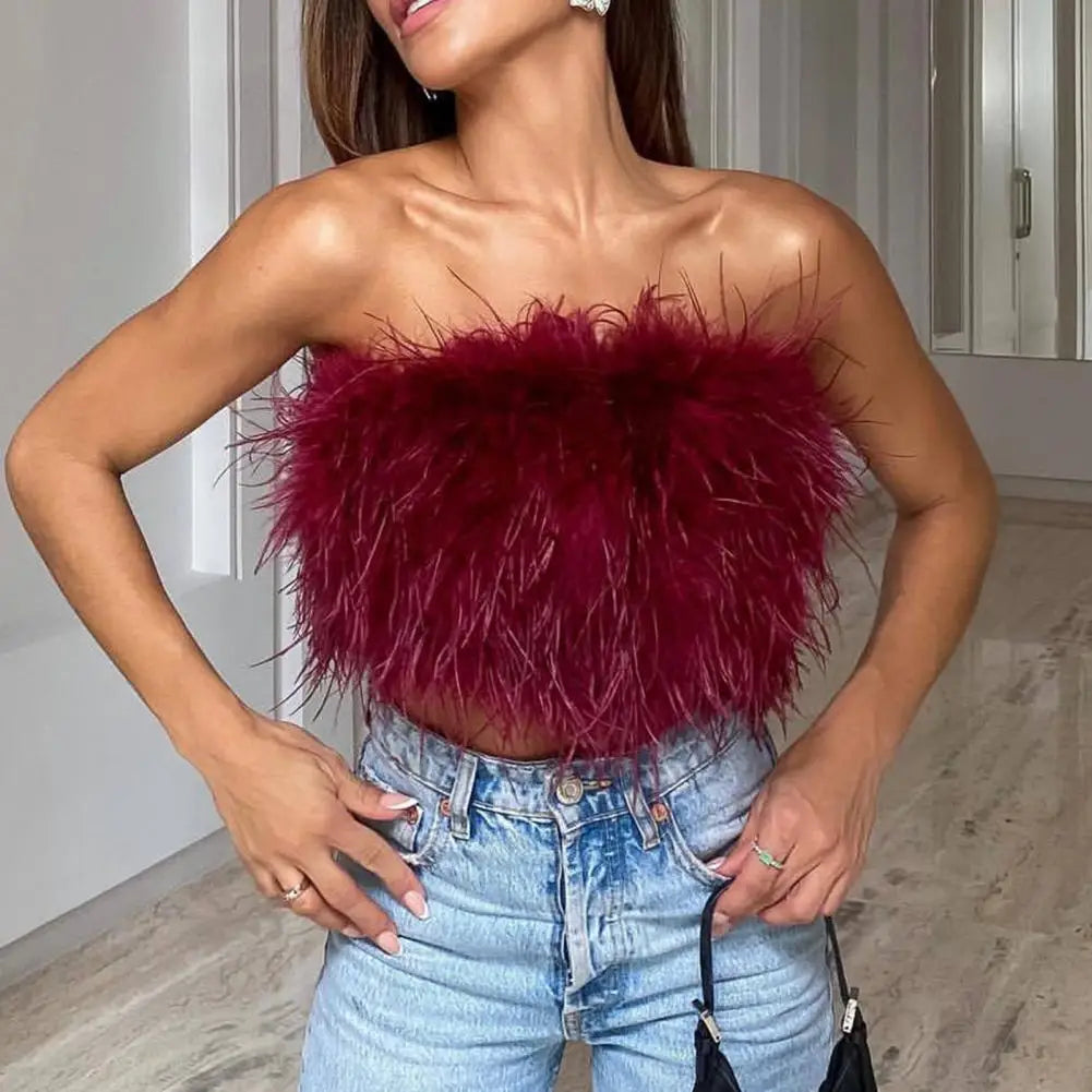 Party Crop Top Super Soft Navel-exposed Cozy Backless Off Shoulder Lady Camisole Skin-touch Club Vest Night Party Clothes Wine Red