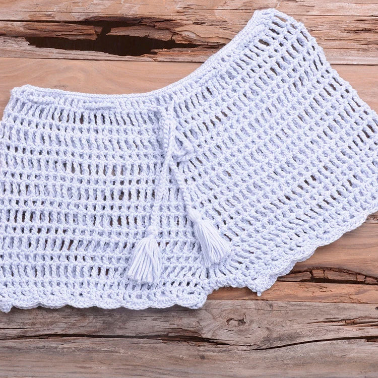 Crochet Hollow Out Tassel Beach Cover Up Sexy Women Mini Tops Beachwear Bikini Swimwear Bathing Suit Cover Up Light Blue Bottom One Size