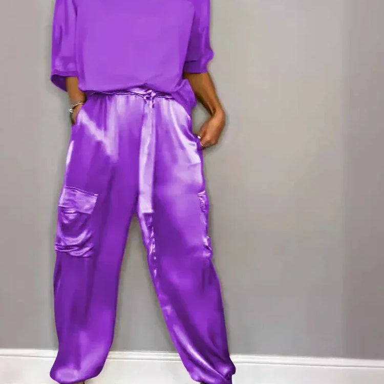 Summer Fashion New Elegant Women's Plus Size Set Street View Smooth Satin Half Sleeve Shirt Casual Pants Sports Two Piece Set