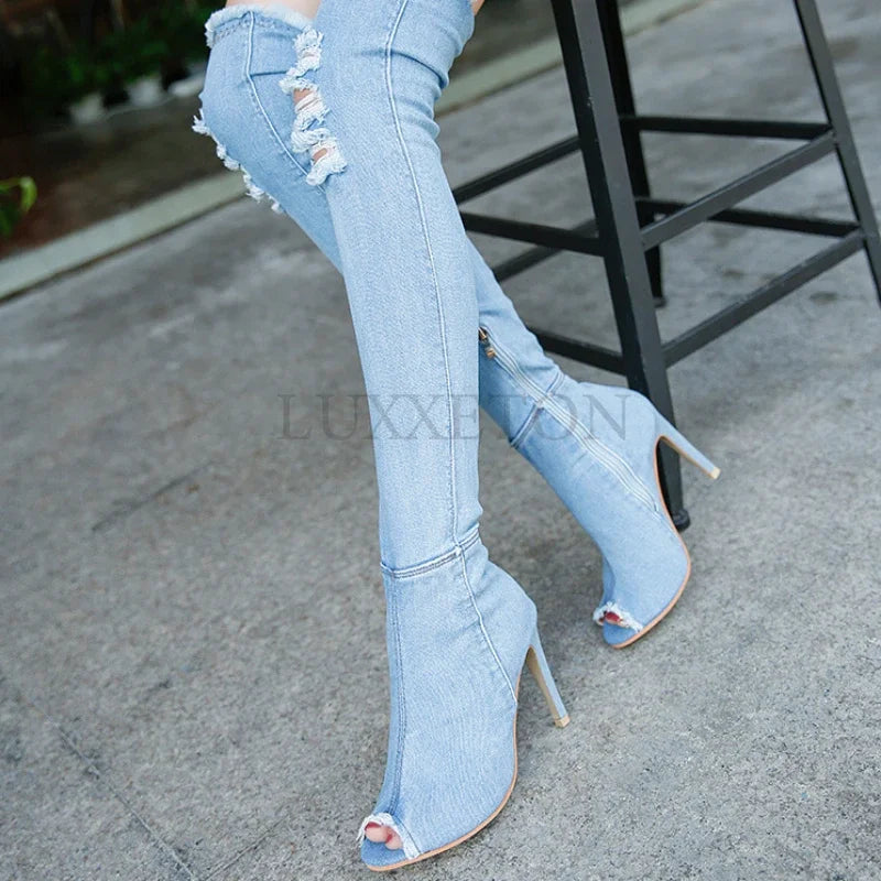 Fashion Women High Heels Spring Autumn Peep Toe Over The Knee Boots Tight High Stiletto Jeans Boots Cowboy Women Boots