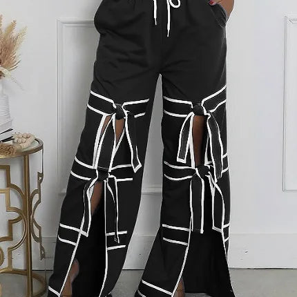 CM.YAYA Fashion Women Striped Patchwork Bowknot Split Wide Leg Jogger Pants 2025 Summer Active Sporty Classic Trousers Black