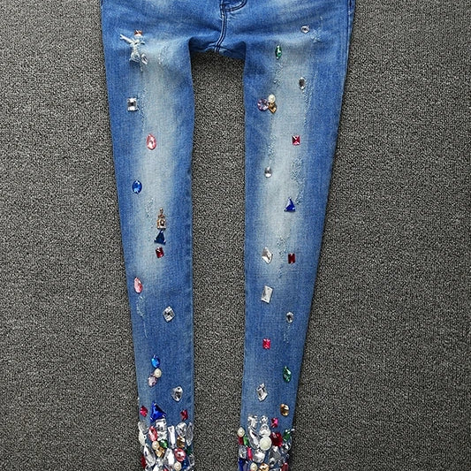 Color Stone Skinny Jean Pencil Pants Woman High Waist Spring Streetwear Blue Color Block Sexy Stretch Denim Trousers Jeans