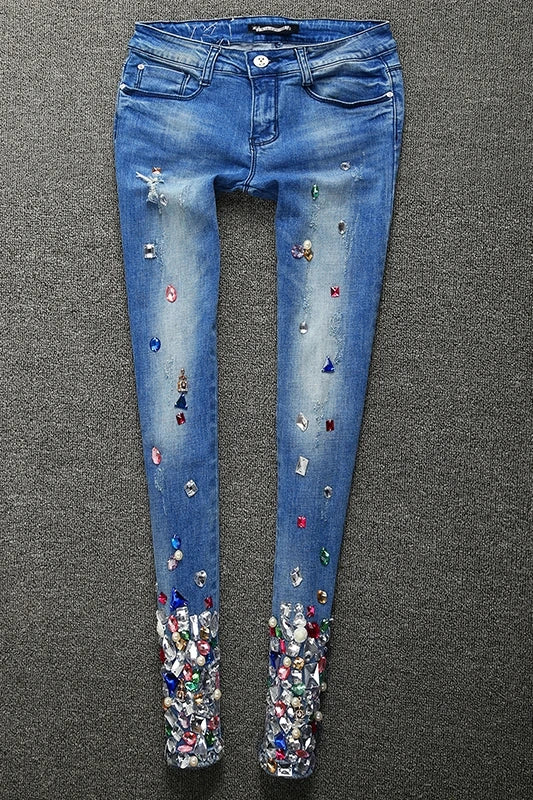 Color Stone Skinny Jean Pencil Pants Woman High Waist Spring Streetwear Blue Color Block Sexy Stretch Denim Trousers Jeans