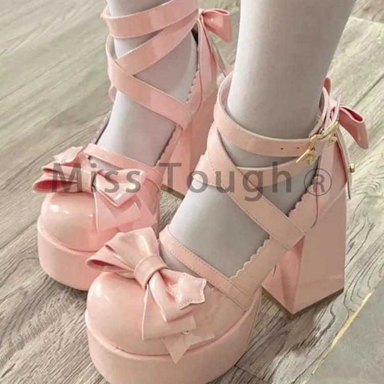 Sweet Vintage Mary Janes Shoes Women Star Buckle Lolita Kawaii Platform Shoes Female Bow-knot Cute Designer Shoes 2023 Summer
