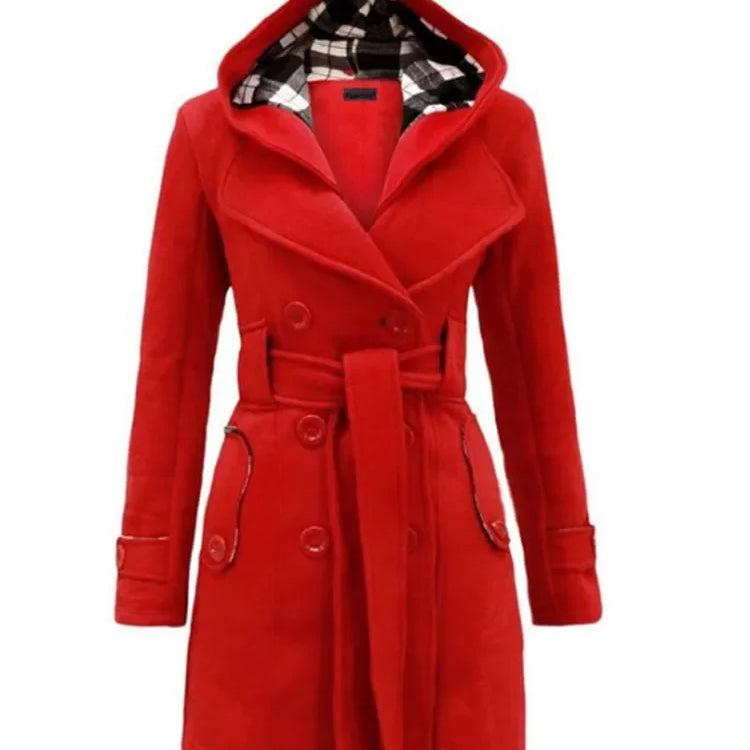 Vintage Woolen Coat Women Warm Fleece Jacket With Belts Double Breasted Solid Casual Jacket Winter Fashion Ladies Plus Size Red