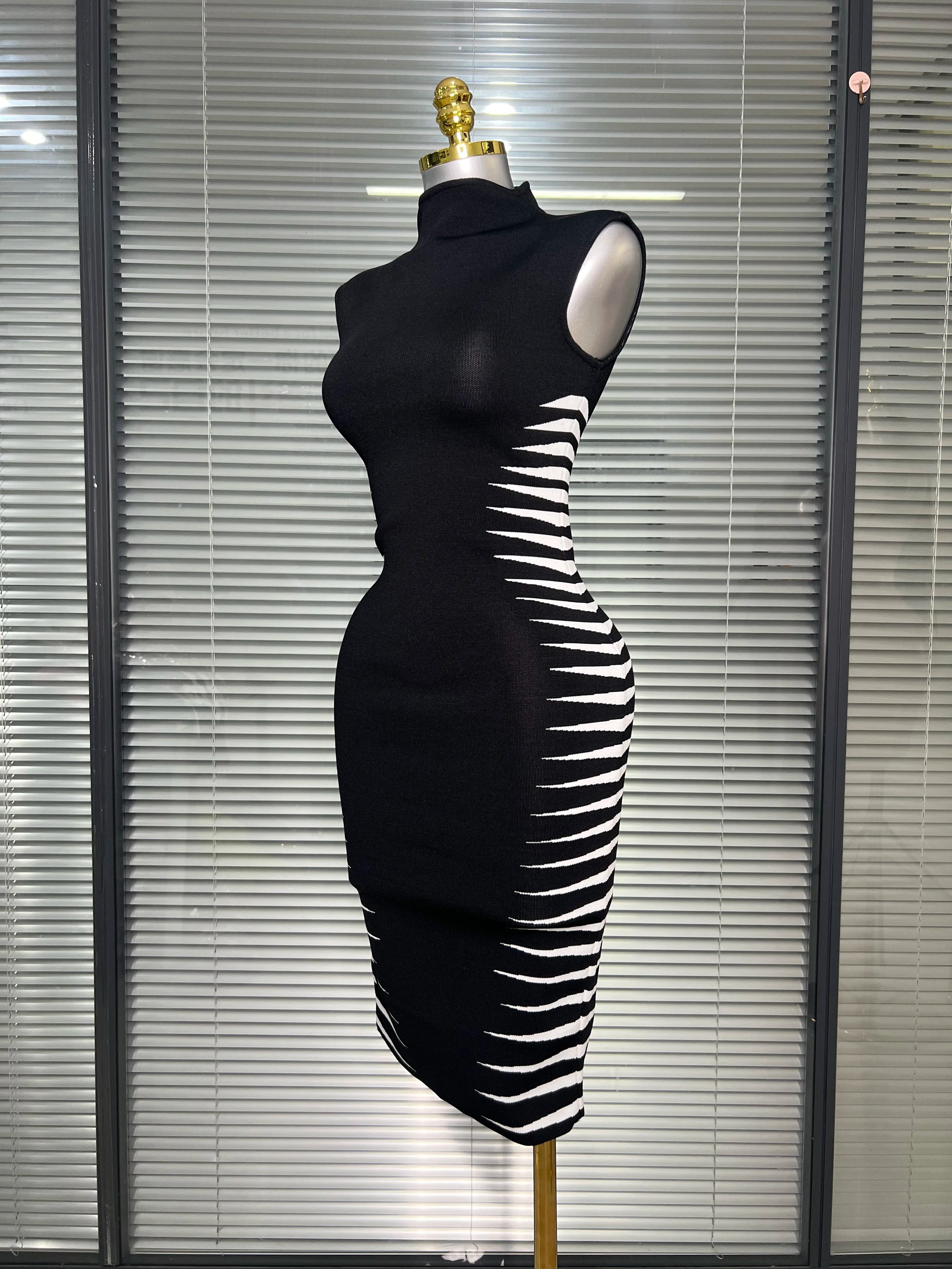 Women Sexy Black Jacquard Tank Midi Bodycon Bandage Dress High Street Elegant Celebrity Party Dress