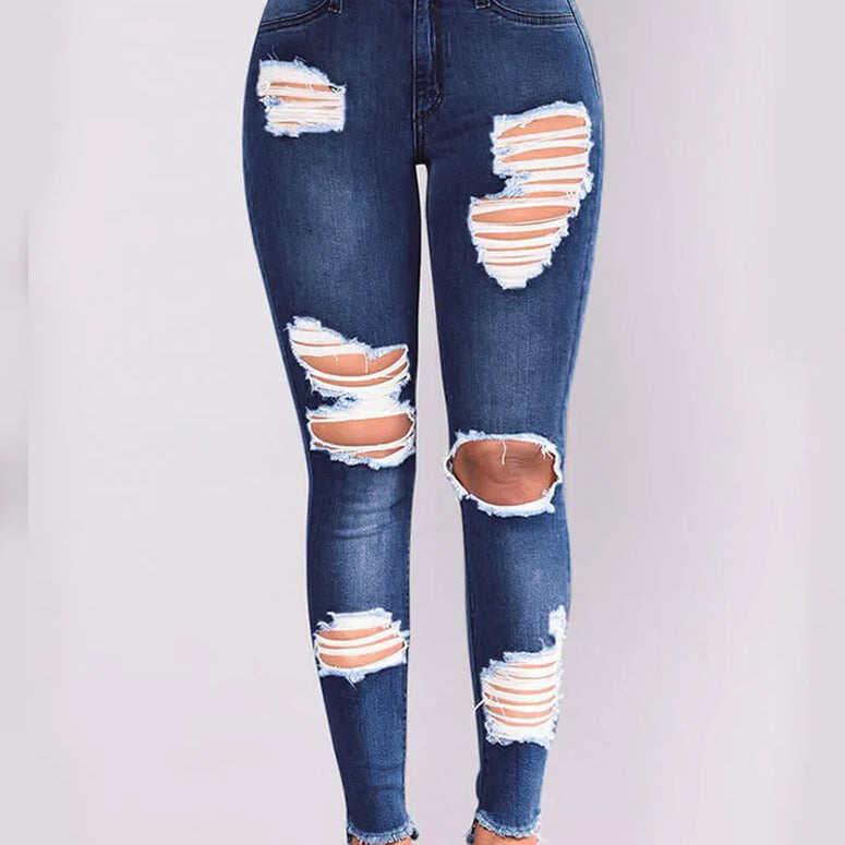 High Stretch Y2K Jeans Mid-Waist Fashion Hollow Out Classic Simple Stylish Distressed Ripped Raw Edges Hem Women Pants