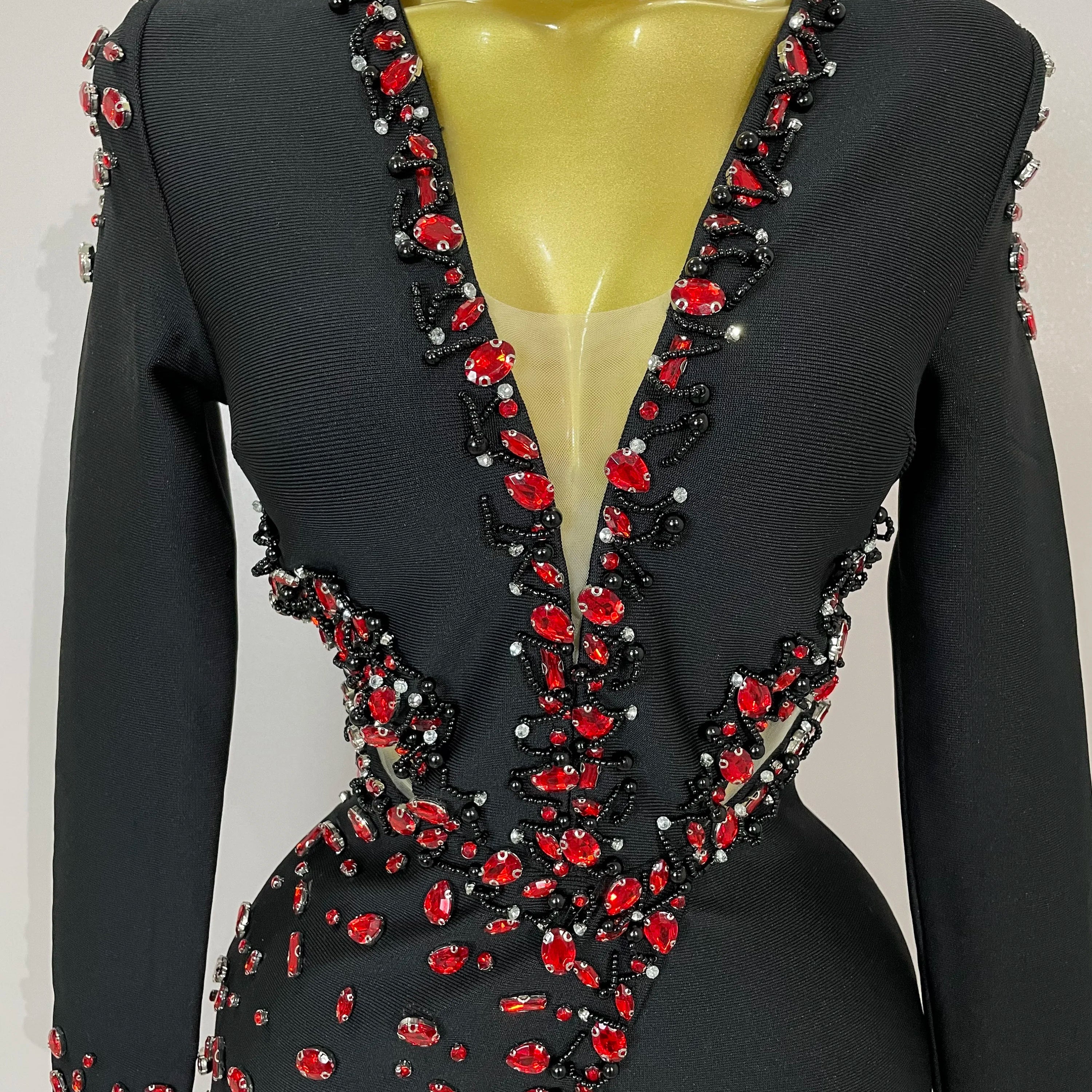 Women Celebrity Sexy Long Sleeve V Neck Rhinestone Black Bandage Dress 2025 Elegant Evening Club Luxury Birthday Party Dresses
