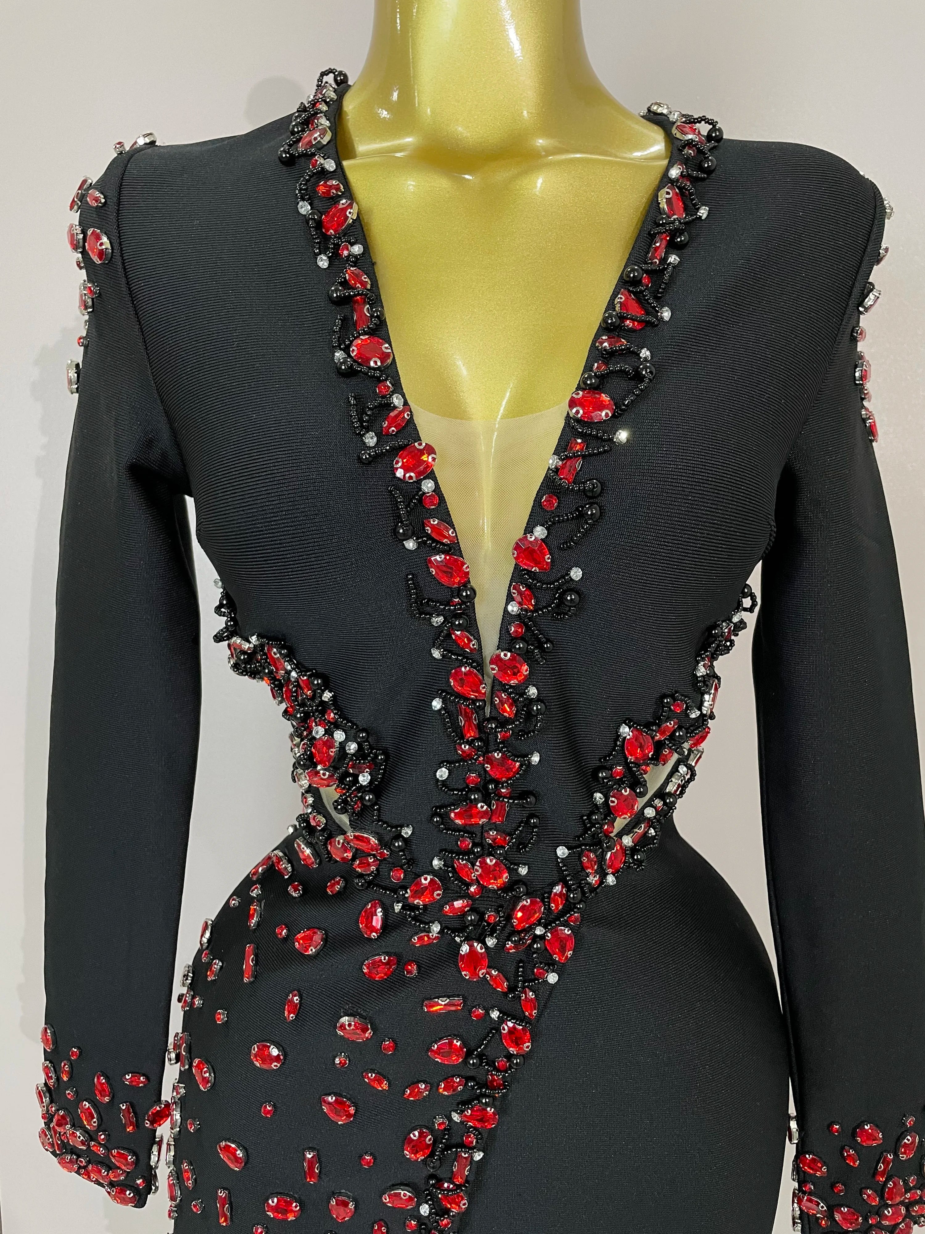 Women Celebrity Sexy Long Sleeve V Neck Rhinestone Black Bandage Dress 2025 Elegant Evening Club Luxury Birthday Party Dresses