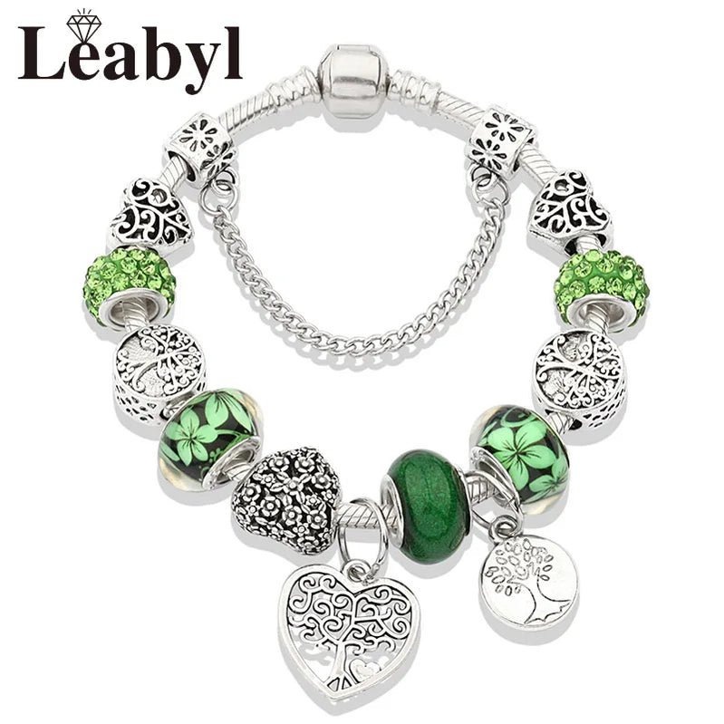 Silver Color Tree of Life Fashion Bead Bracelets Green Leaf Floral Crystal Charm Bracelet & Bangle Pulsera Jewelry 922