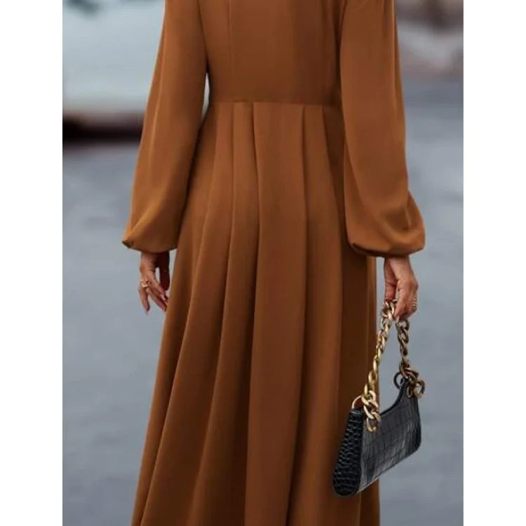 Plus Size High Street Style Women's A-line Long Dress V-neck Button Decoration Elegant Commuter Women's Dress Autumn and Winter