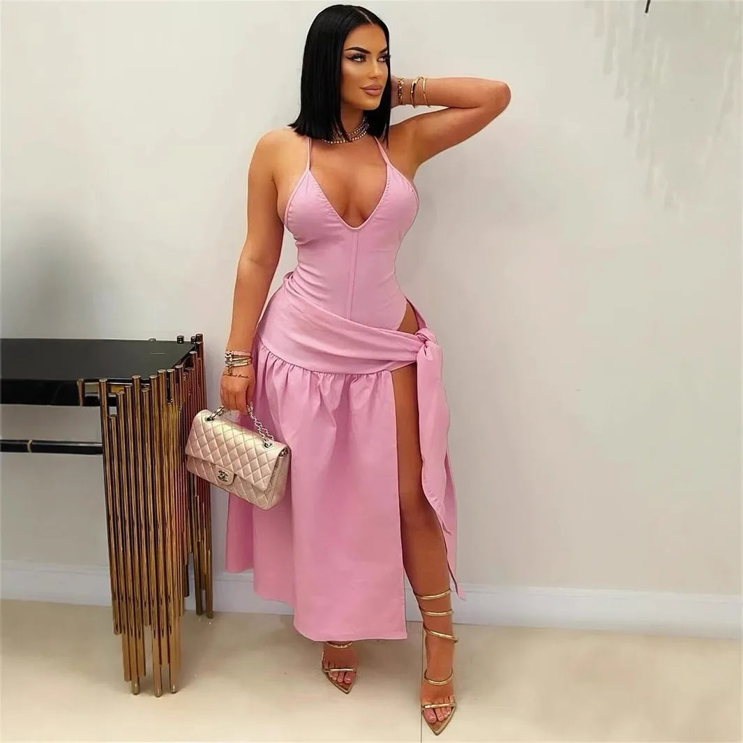 CM.YAYA Summer Women Halter Sleeveless V-Neck Tie Up High Side Split High Waist A-Line Dress Night Club Party Dresses Vestidos Pink