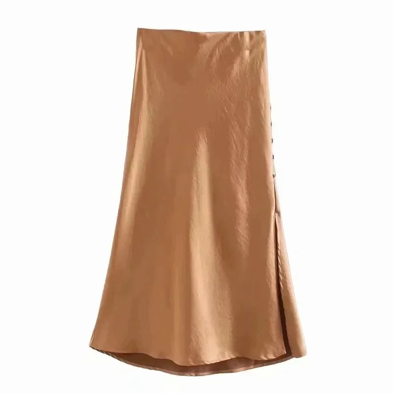 Foridol High Waist Button Slit Midi Satin Skirts Womens Autumn A-line Silk Elegant Skirt Bottoms Office Skirt Faldas Mujer Coffee
