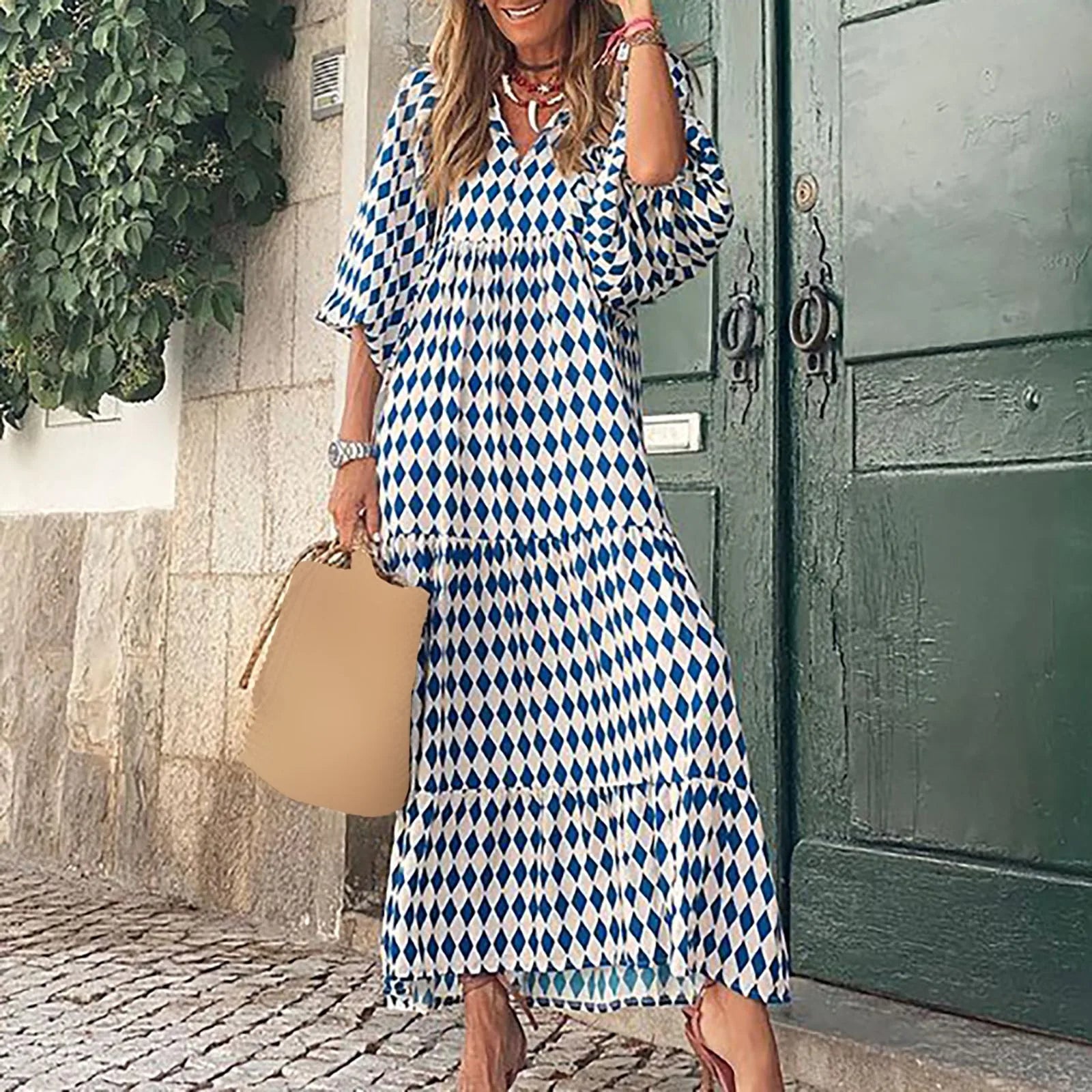 Geometric Printed Dresses For Fine Woman Bubble Sleeved Long Dress Street Oversized Women'S Clothing Casual Mountain Dress Blue