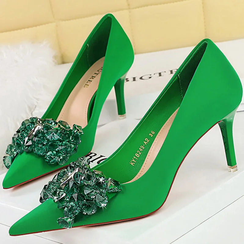 Women 7.5cm 10.5cm High Heels Luxury Pumps Lady Silk Shallow Pointed Toe Rhinestone Crystal Bling Buckle Low Heels Green Shoes Green 7.5cm