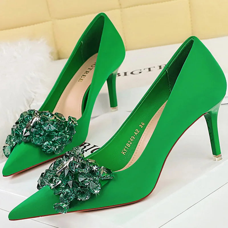 Women 7.5cm 10.5cm High Heels Luxury Pumps Lady Silk Shallow Pointed Toe Rhinestone Crystal Bling Buckle Low Heels Green Shoes Green 7.5cm