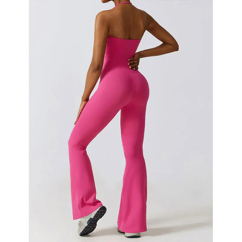 New Sports Jumpsuit for Women Fitness Flare Pants One Piece Yoga Suit Dance Gym Outfits Bodysuit Sportswear Workout Set Rose Red CHINA