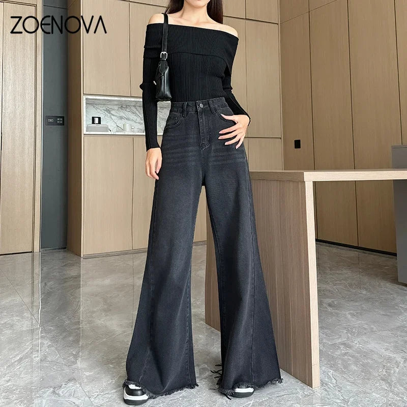 Spring Autumn New Fashion Women's Jeans Street Casual Wide Leg Pants Loose Straight Raw Edge Trousers Y2K Flared Pant