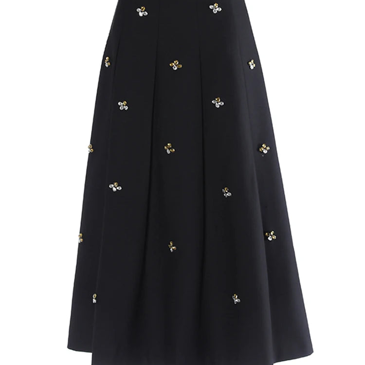 [EAM] High Elastic Black Rhinestones Pleated Elegant A-line Half-body Skirt Women Fashion Tide New Spring Autumn 2025 1DH2565