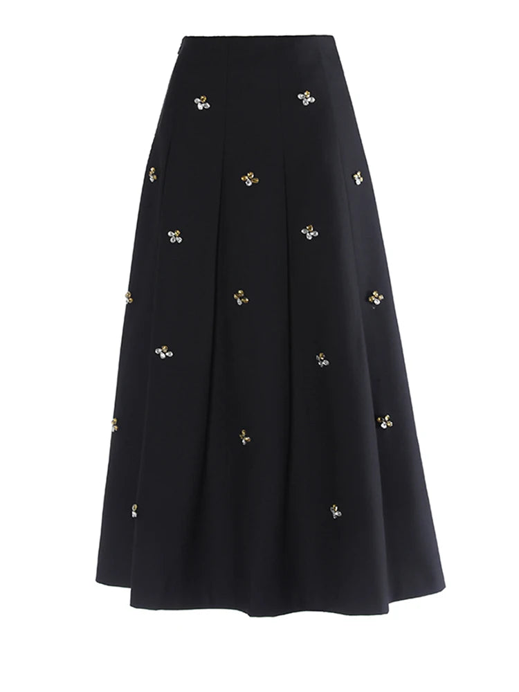 [EAM] High Elastic Black Rhinestones Pleated Elegant A-line Half-body Skirt Women Fashion Tide New Spring Autumn 2025 1DH2565