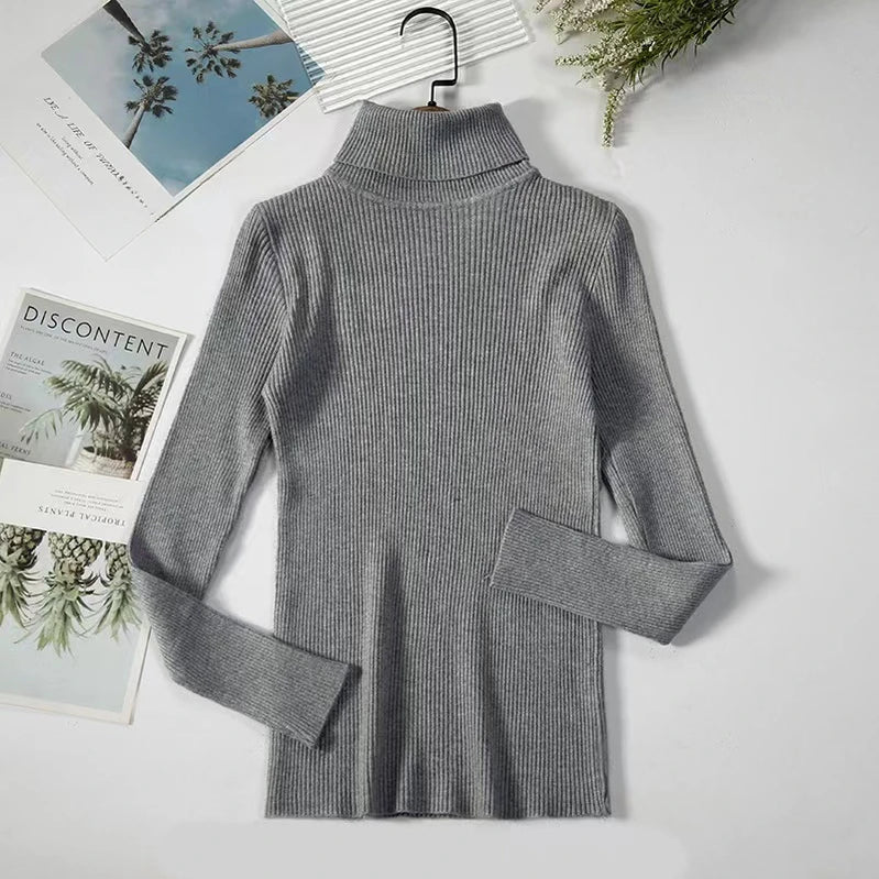 Thick Sweater Pullovers Long Sleeve Tops Women Autumn Winter Clothes Slim Knit Soft Jumper Streetwear Button Turtleneck Sweater gray-3 One Size