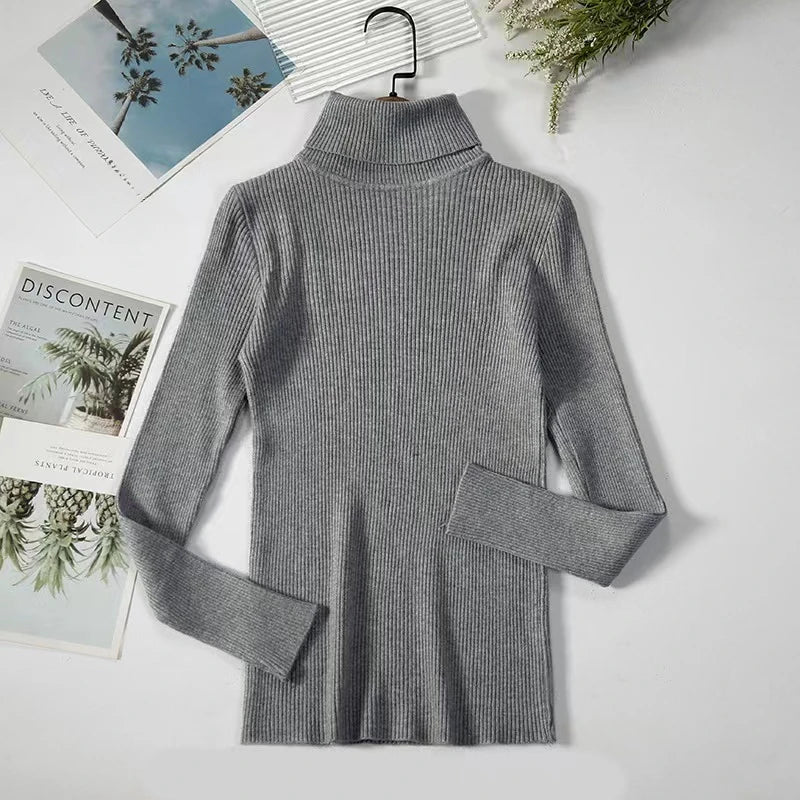 Thick Sweater Pullovers Long Sleeve Tops Women Autumn Winter Clothes Slim Knit Soft Jumper Streetwear Button Turtleneck Sweater gray-3 One Size