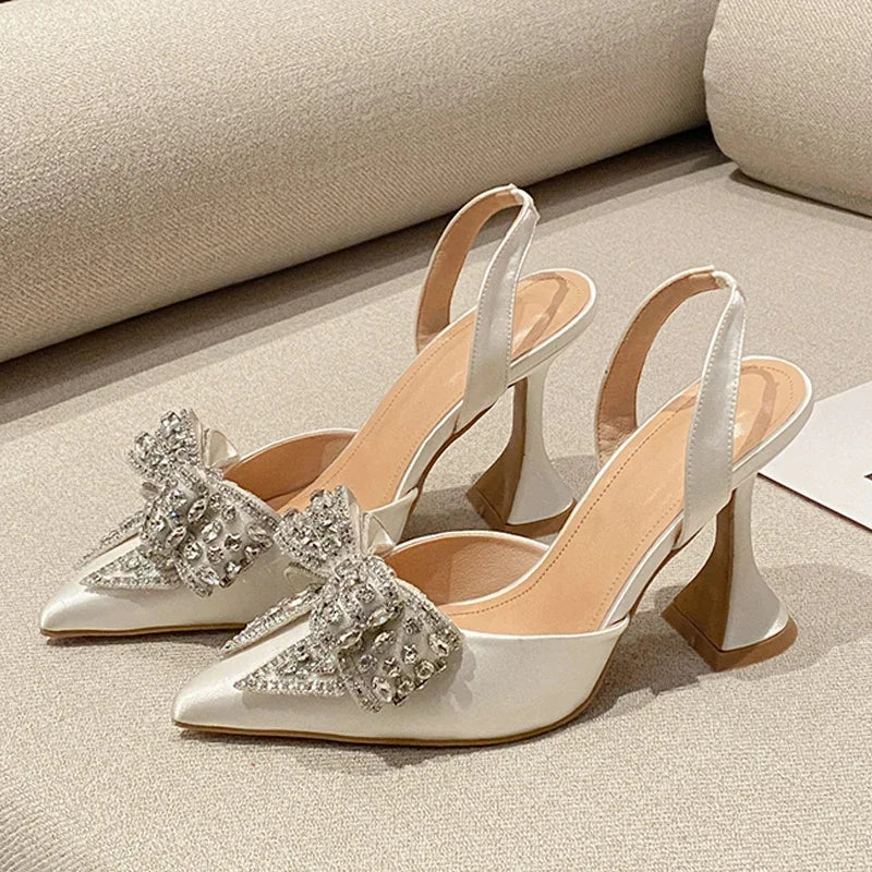 Eilyken Design Crystal Butterfly-knot Women Pumps Street Style High Heels Pointed Toe Shoes Sexy Wedding Party Sandals