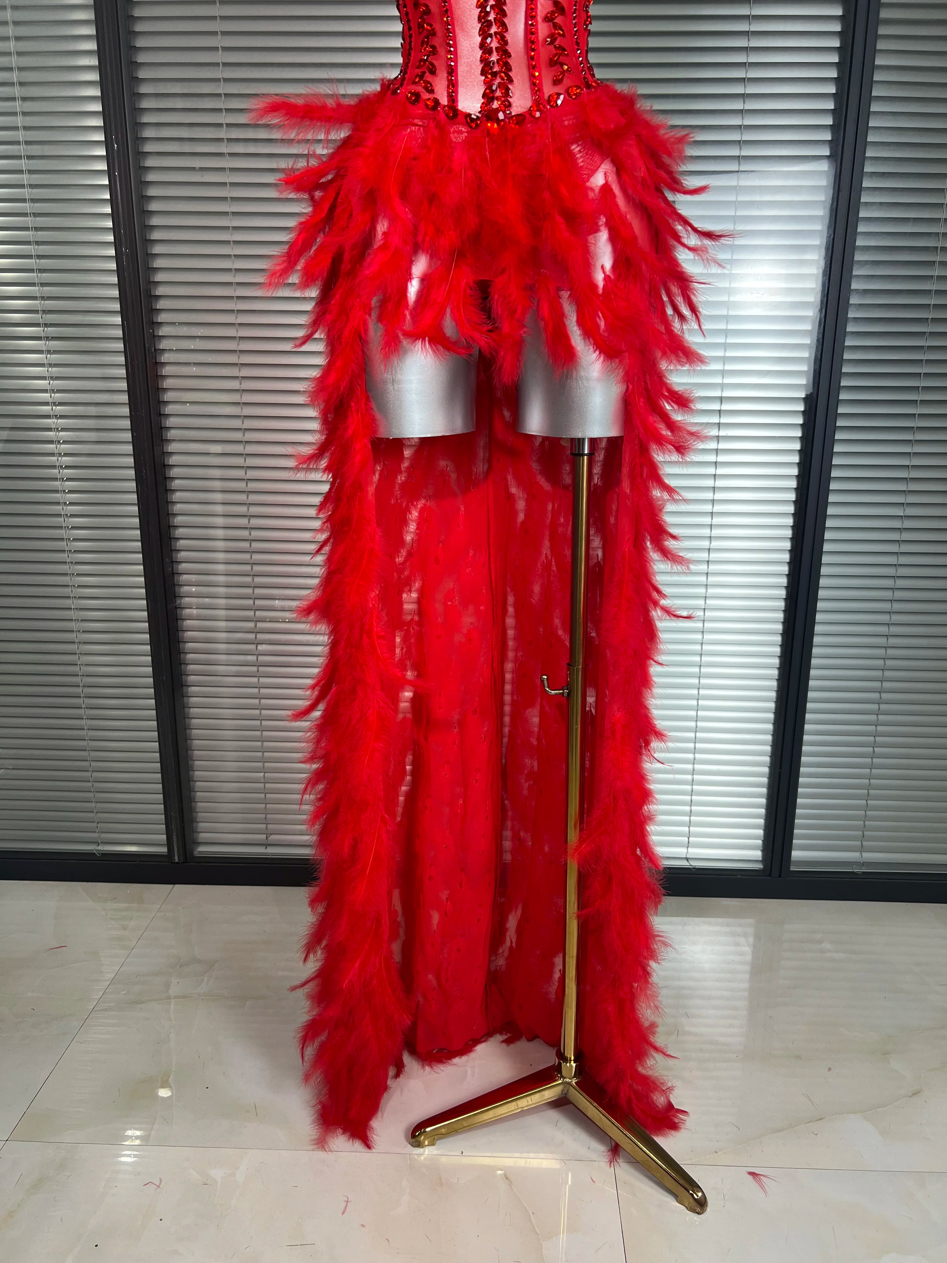 Women Sexy Mesh Feathers Stage Costume Stage Red Stretchy Night Club Bodysuit Party Maxi Dress