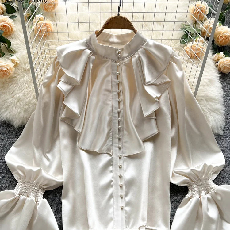Satin Loose Shirt Long Flared Sleeves Ruffles O Neck Beading Women Gentle Office Lady Casual Blouse