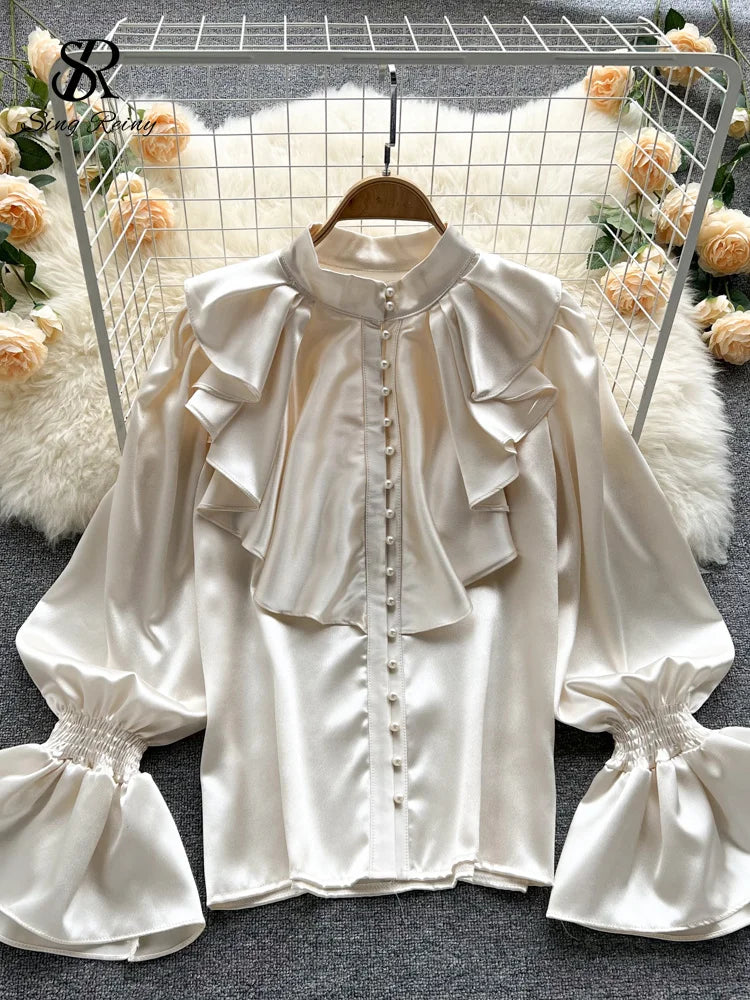 Satin Loose Shirt Long Flared Sleeves Ruffles O Neck Beading Women Gentle Office Lady Casual Blouse
