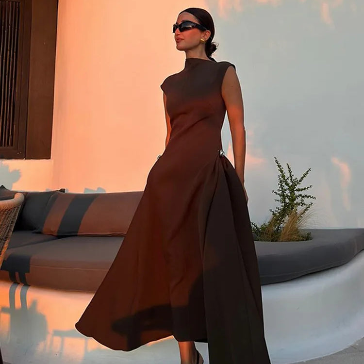 Chic Off Shoulder Irregular Neck Women's Dress Elegant High Waist A-line Hem Pleated Midi Dresses New Summer Lady Commuting Robe