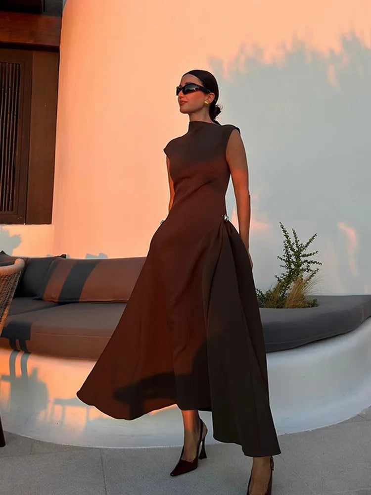 Chic Off Shoulder Irregular Neck Women's Dress Elegant High Waist A-line Hem Pleated Midi Dresses New Summer Lady Commuting Robe