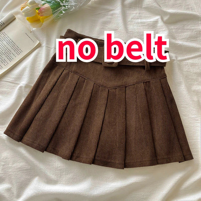 Pleated Mini Skirts Women Japan Students Corduroy Preppy Style Autumn Winter Basic Solid Bottoms Chic Vintage JK Slim All-match coffee no belt