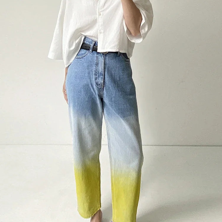 Fotvotee Jeans for Women Casual Gradient Denim Pants New Fashion High Waist Pockets Harem Pants Streetwear Ladies Y2k Jeans Blue