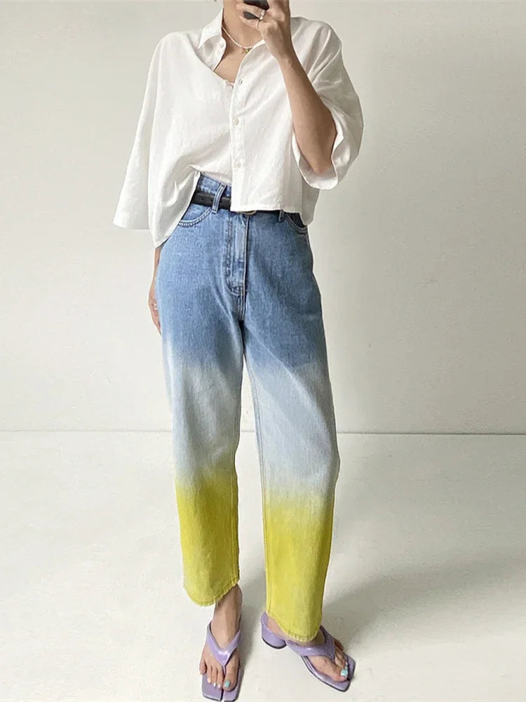 Fotvotee Jeans for Women Casual Gradient Denim Pants New Fashion High Waist Pockets Harem Pants Streetwear Ladies Y2k Jeans Blue