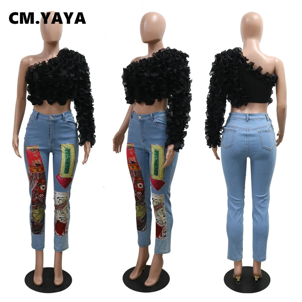 CM.YAYA Women Ruffles One Sleeve Skew Collar Tunic Blouse and Shirt Tops 2024 Summer Streetwear Night Club Party Beach Tops