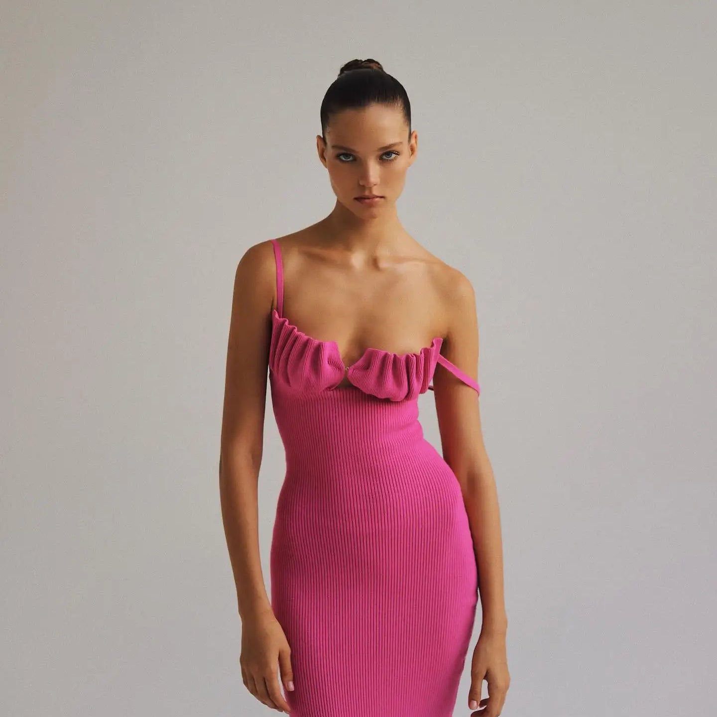 Pink Black Color Women Sleeveless Sexy Strap Square Collar Bodycon Mid-calf Bandage Dress Birthday Party Celebrate Fashion Dress