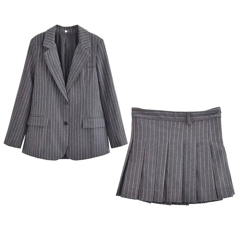 Spring Women Pinstripe Pleated Mini Skirt Sets For Women 2 Pieces Blazer Coat Women Suits New Two Piece Women Outfit
