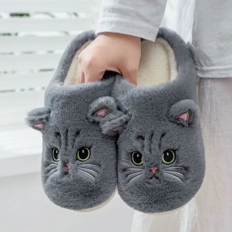 Lovely Cute Cat Slippers Fluffy Furry Women Home Platform Slippers Men Winter Plush Slides Indoor Fuzzy Slippers Cotton Shoes StyleA-Grey