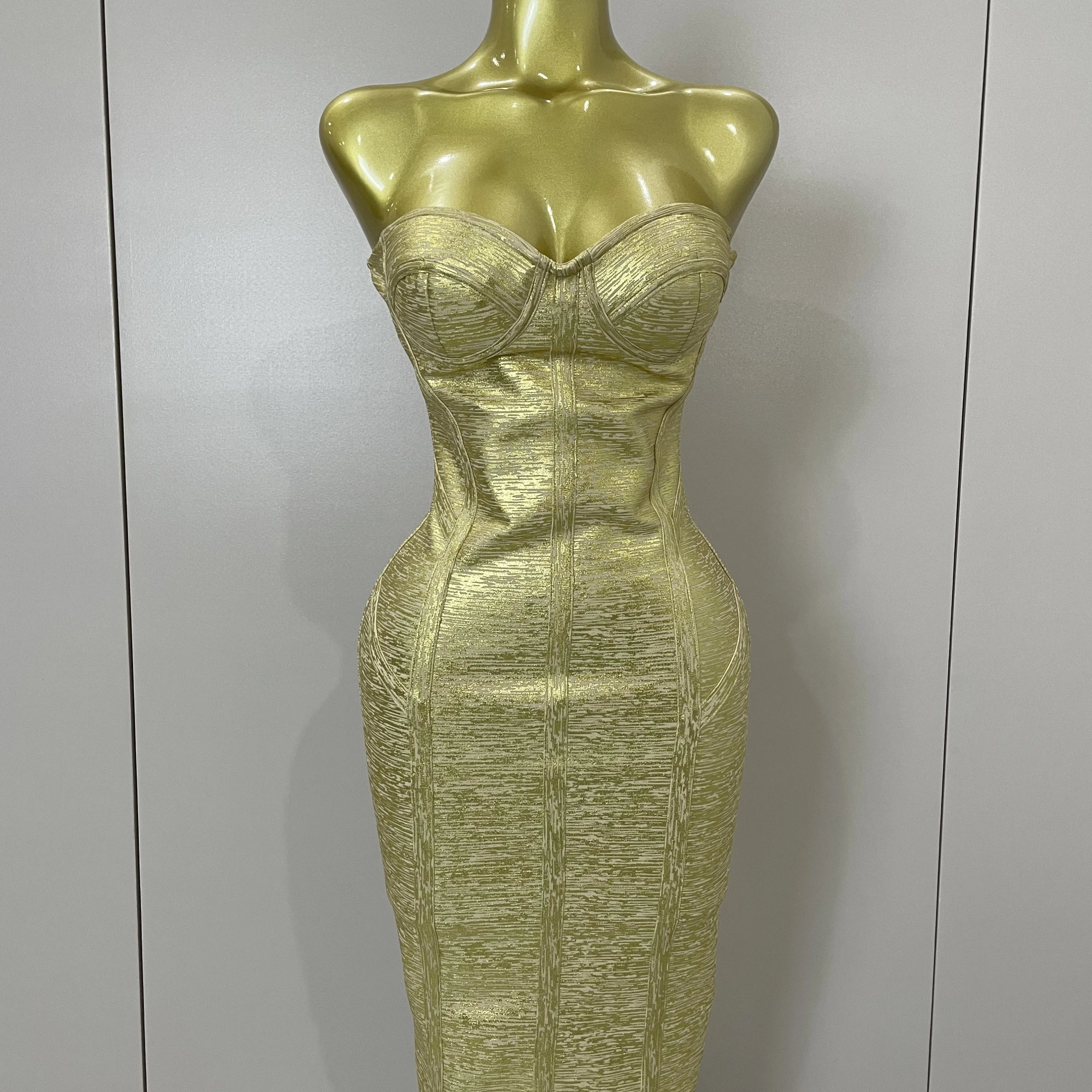 Sexy Strapless Gold Black Foil Color Bodycon Bandage Dress 2025New Women Fashion Celebrate Evening Party Luxury Birthday Dresses