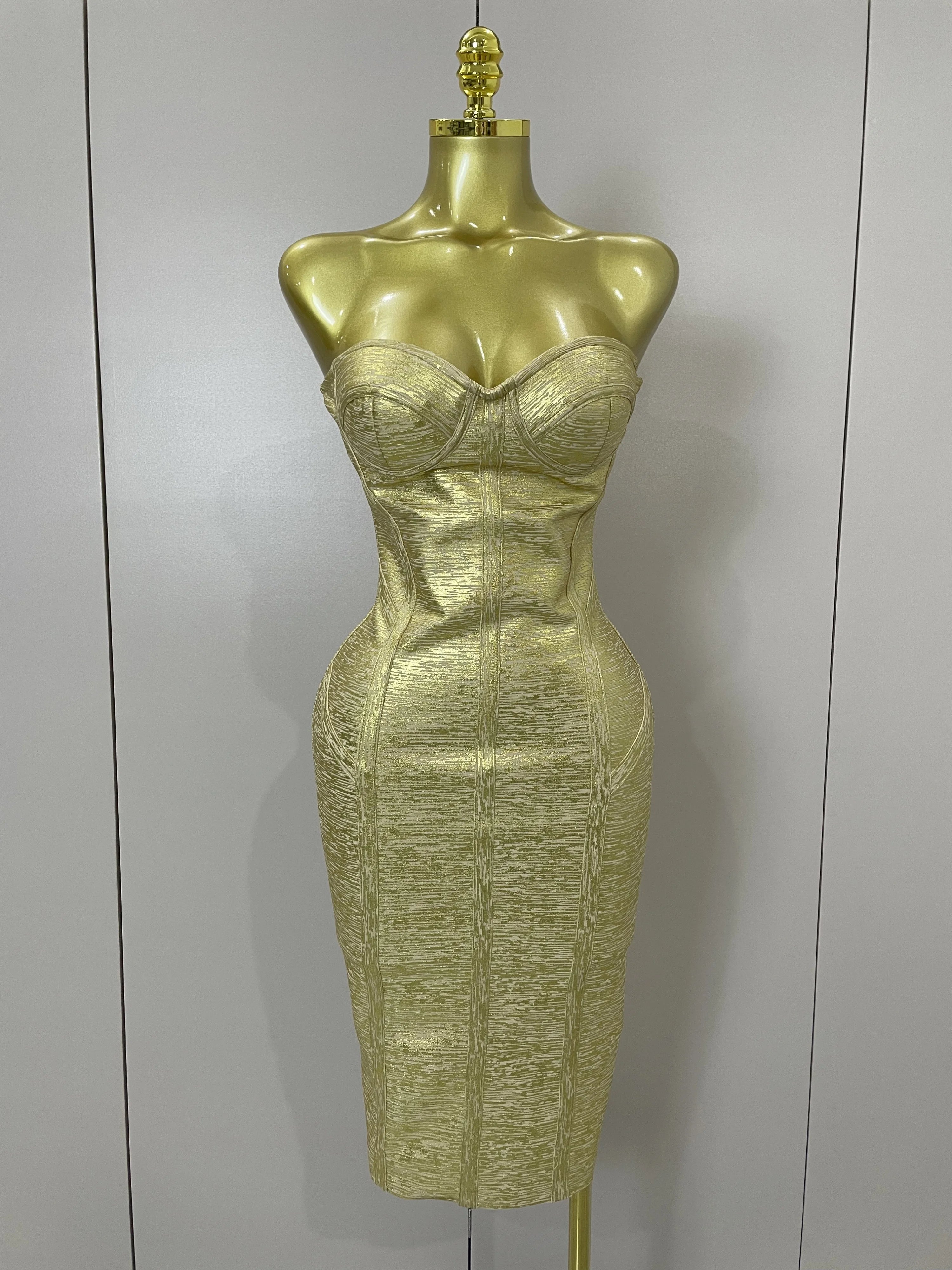 Sexy Strapless Gold Black Foil Color Bodycon Bandage Dress 2025New Women Fashion Celebrate Evening Party Luxury Birthday Dresses