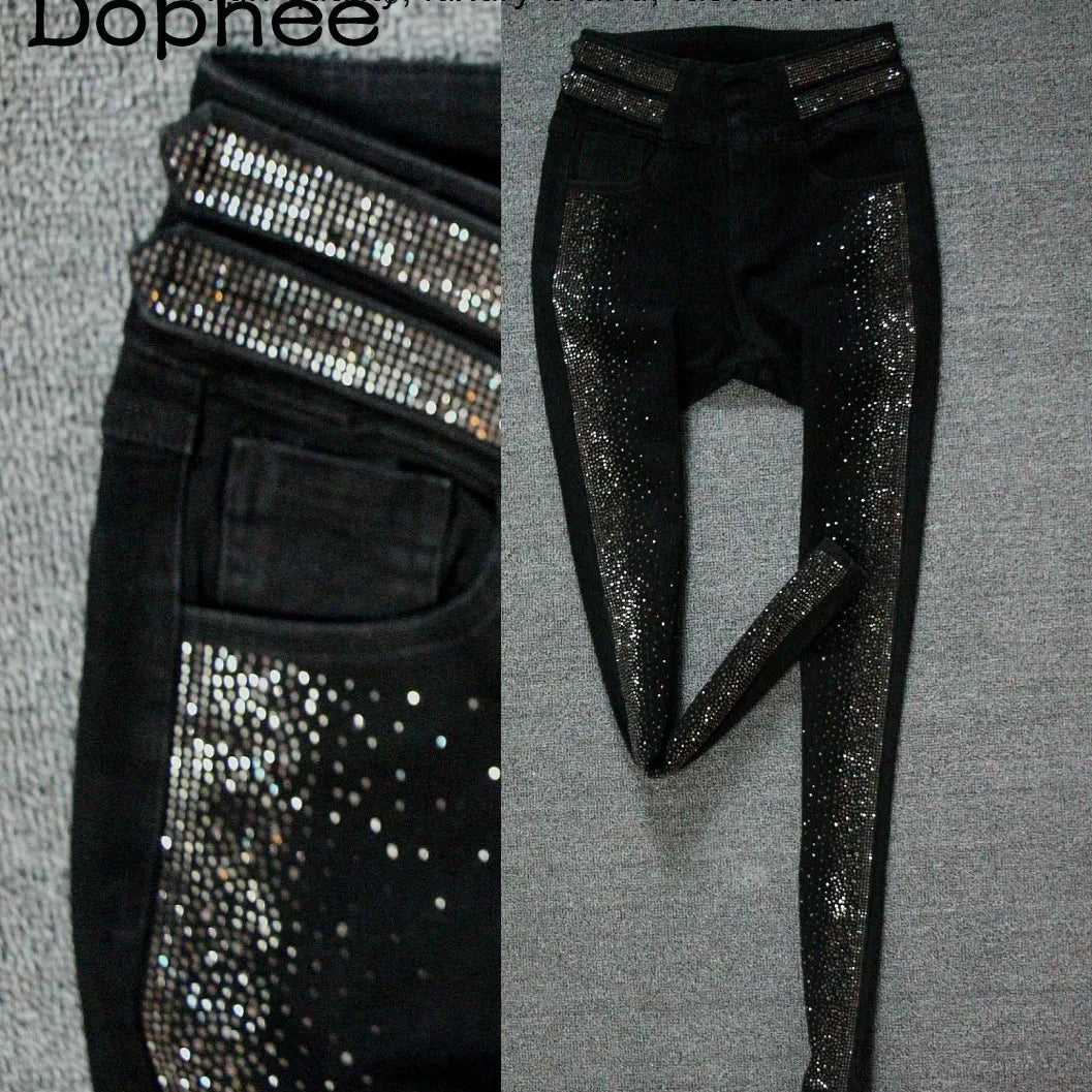 Autumn High-End High Waist Rhinestone Bling Gradient Gray Black Skinny Jeans Women Cotton Stretch Slim Fit Denim Boot Pants