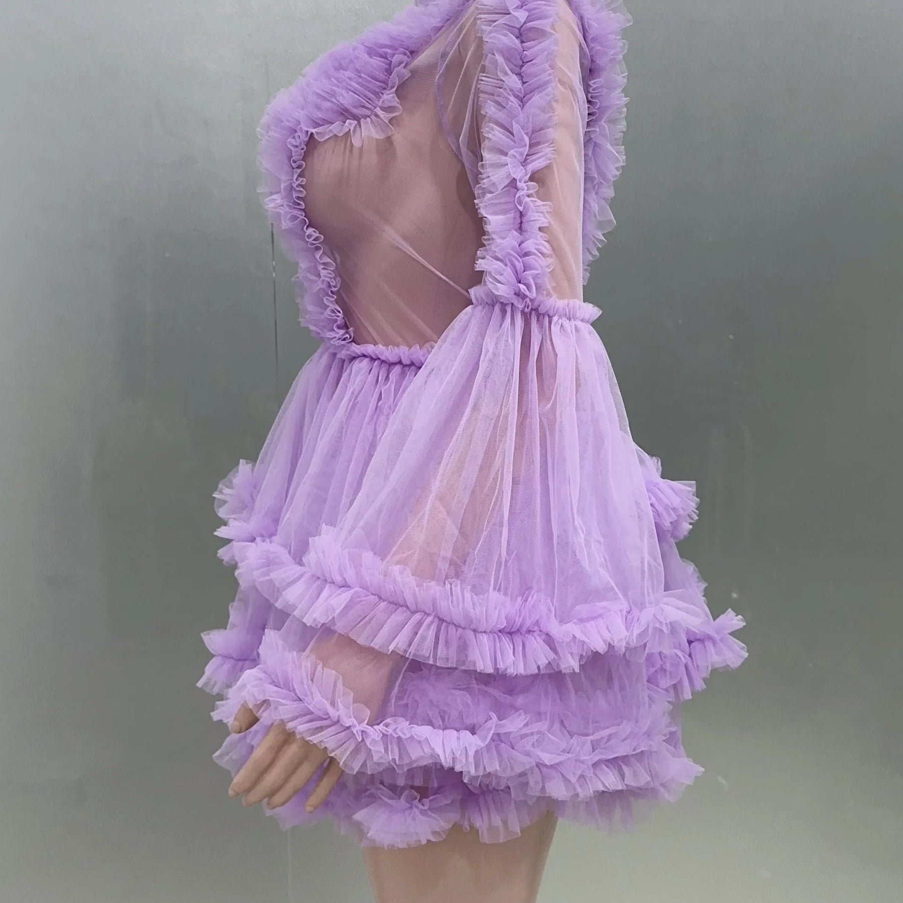 Purple Color Women Sexy  Puff Sleeve Mesh Ruffles Mini Dress Birthday Celebrate Party Girls' Photo Shoot Wear Vestido