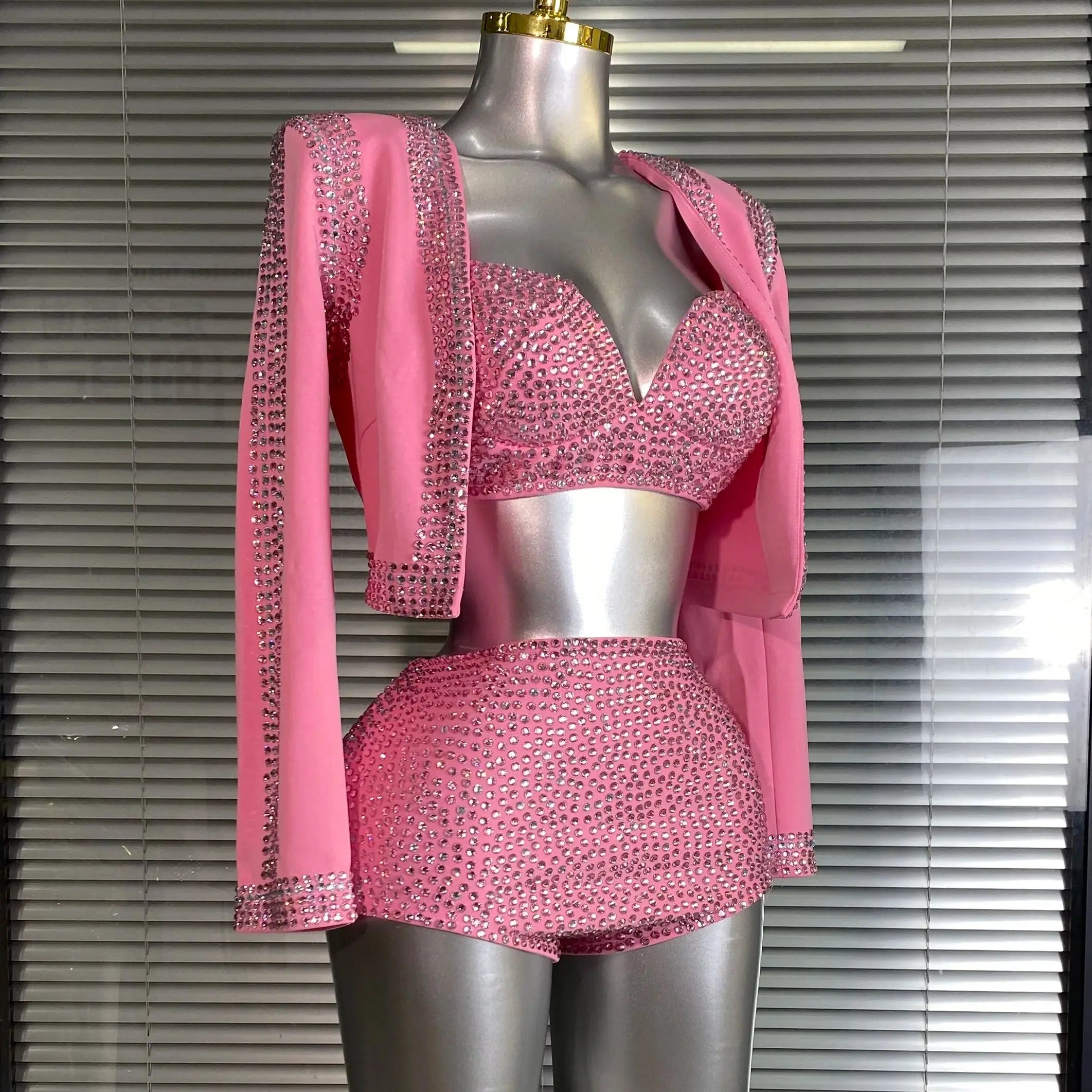 Women Sexy Two Pieces Set Pink Crystal Diamond Night Club Short Pants Suits Coat Singer Dancer Stage Performance Costume