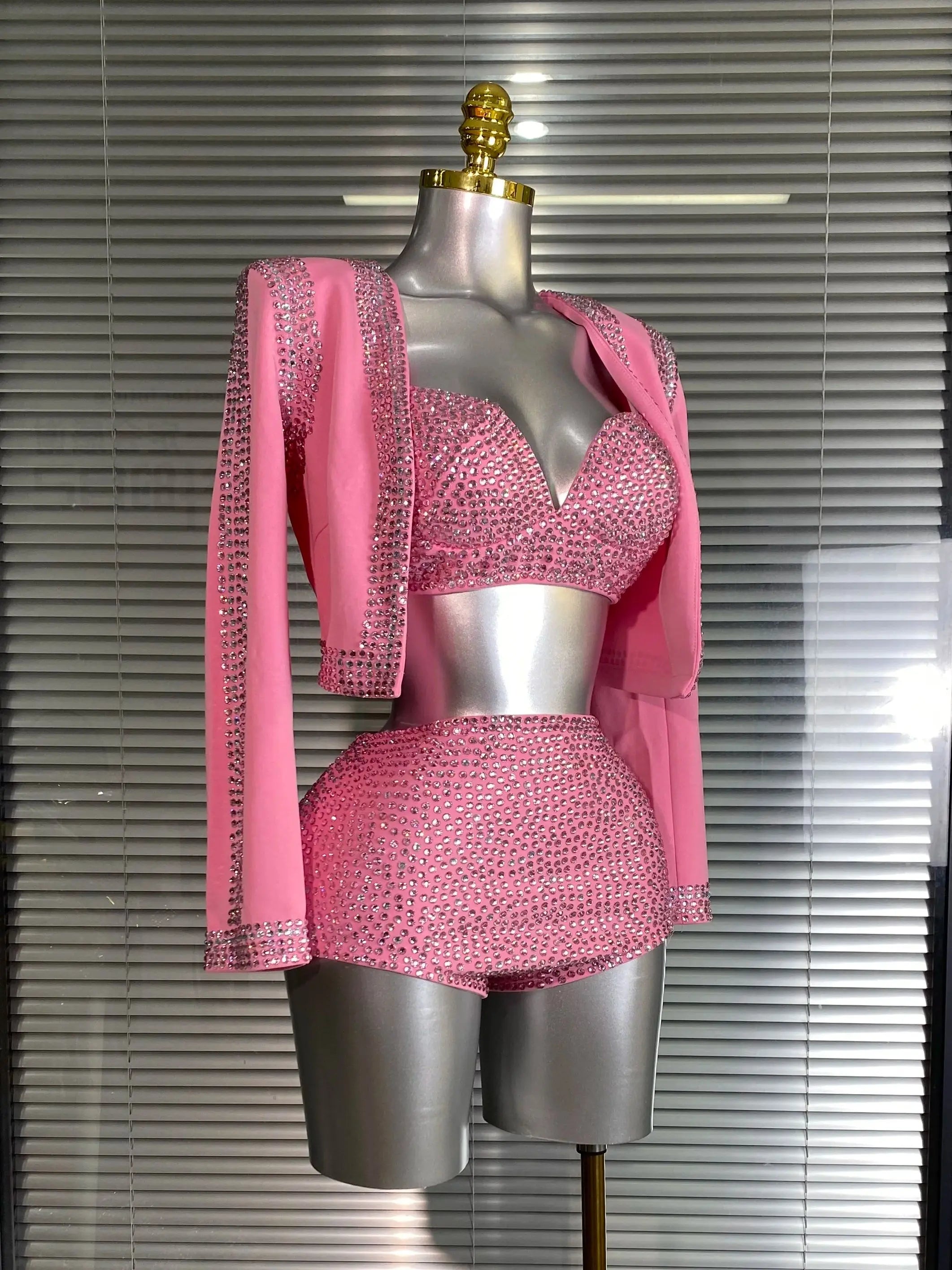 Women Sexy Two Pieces Set Pink Crystal Diamond Night Club Short Pants Suits Coat Singer Dancer Stage Performance Costume