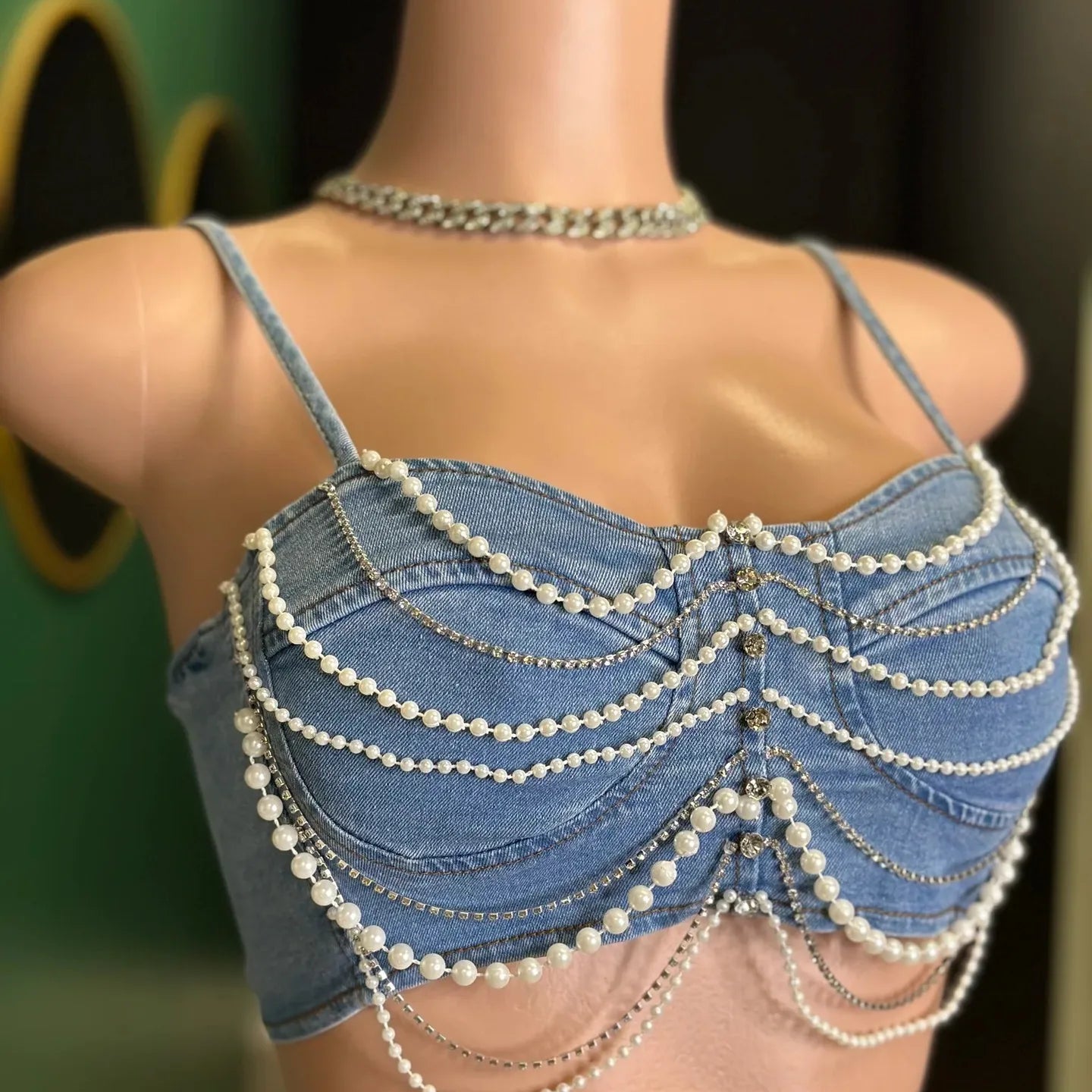 CM.YAYA Women Set Denim Strapless Pearl Beading Top + shorts Sets Street Casual Two 2 Piece Set Sexy Party Outfit 2024 Summer