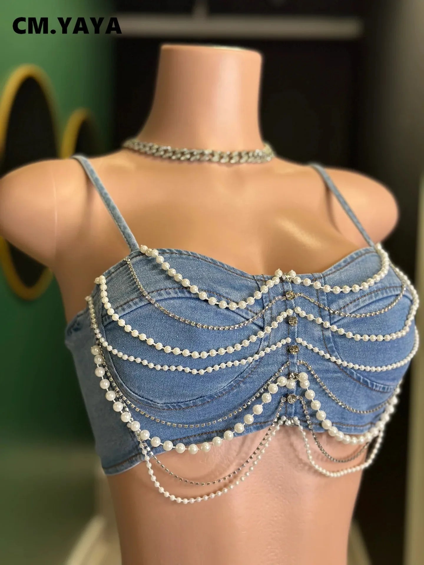 CM.YAYA Women Set Denim Strapless Pearl Beading Top + shorts Sets Street Casual Two 2 Piece Set Sexy Party Outfit 2024 Summer