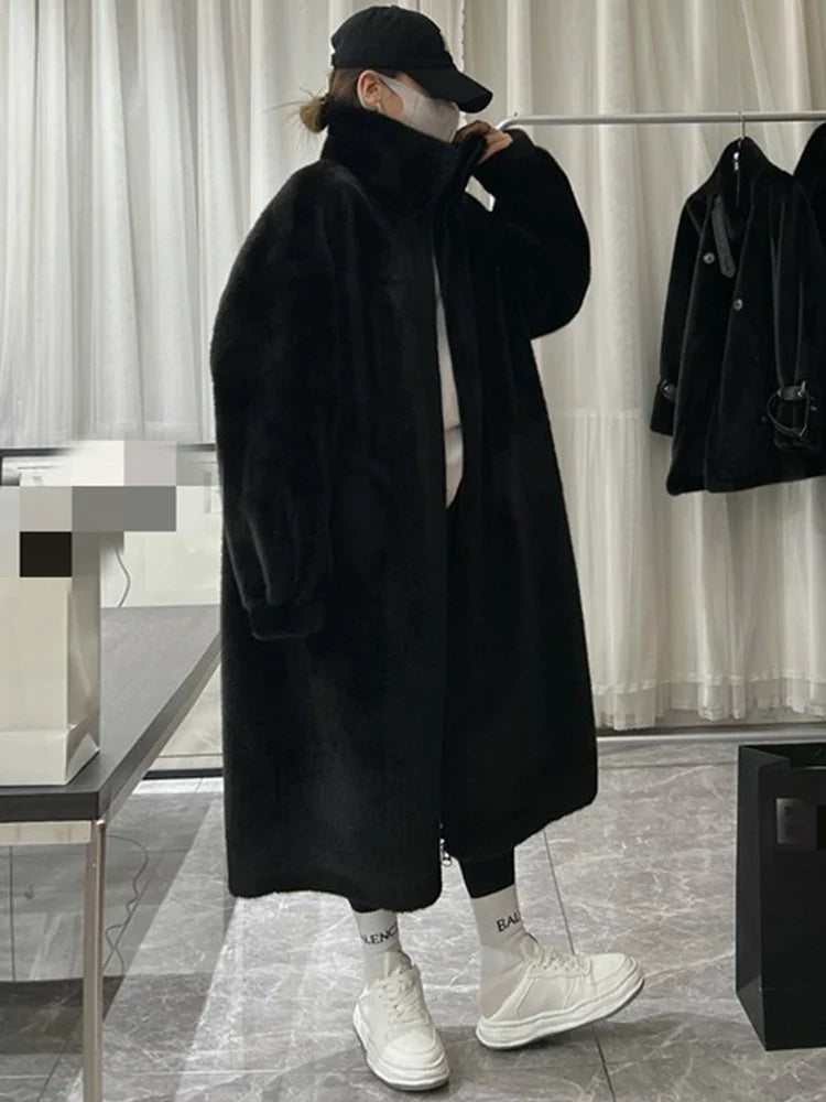 Winter Long Oversized Blue White Black Fluffy Thick Warm Faux Fur Coat Women Zip Up Runway Designer Korean Fashion 2022 Black